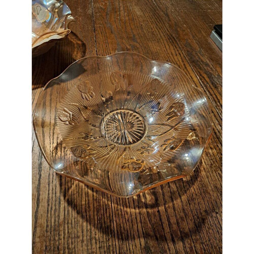 Vintage Jeanette Iris Herringbone Marigold Carnival Glass Ruffled Serving Bowl